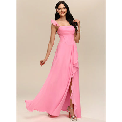 Elegant A-Line Square Neck Ruffle Strap Slit Pink Floor-Length Bridesmaid Dress Gown