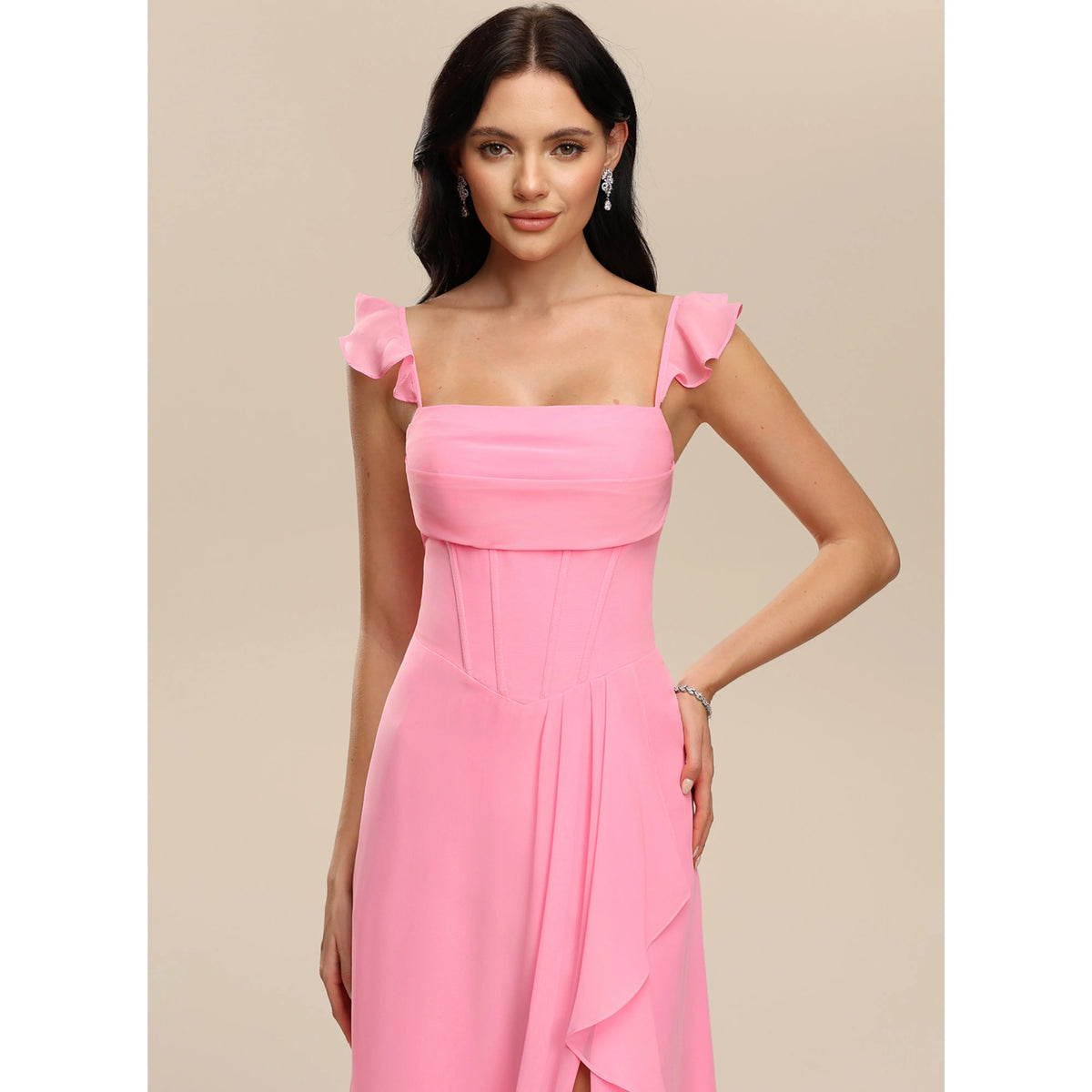Elegant A-Line Square Neck Ruffle Strap Slit Pink Floor-Length Bridesmaid Dress Gown