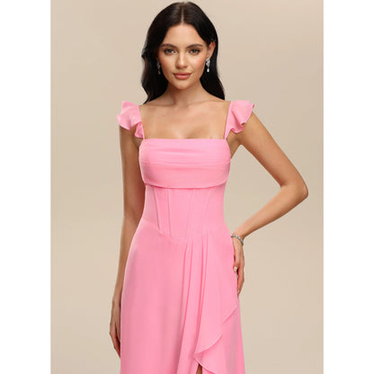 Elegant A-Line Square Neck Ruffle Strap Slit Pink Floor-Length Bridesmaid Dress Gown