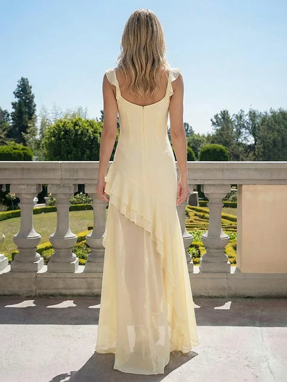 Elegant A-Line Square Neck Ruffled High-Low Pale Yellow Prom Dress