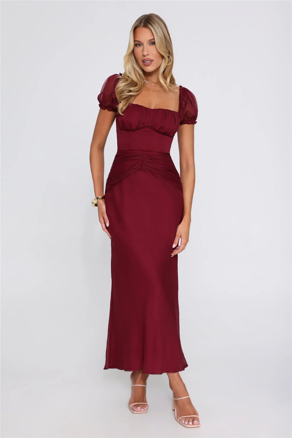 Elegant A-Line Square Neck Short Sleeve Ruched Burgundy Maxi Evening Dresses