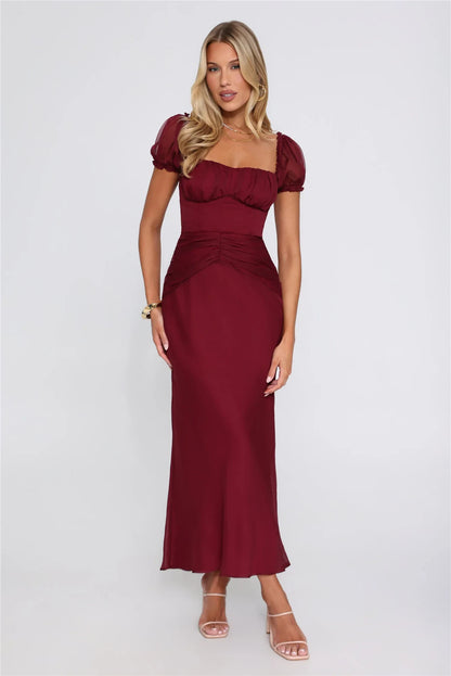 Elegant A-Line Square Neck Short Sleeve Ruched Burgundy Maxi Evening Dresses