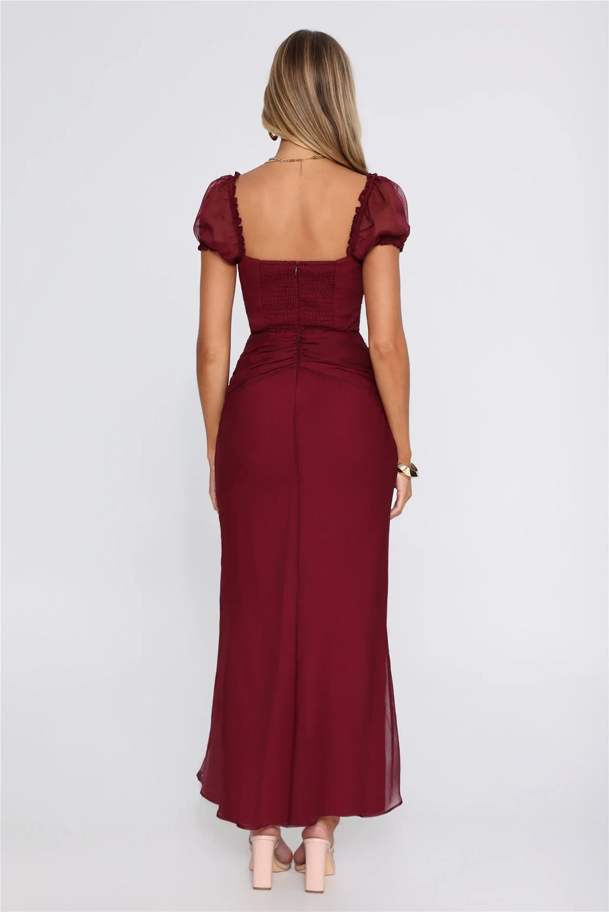 Elegant A-Line Square Neck Short Sleeve Ruched Burgundy Maxi Evening Dresses