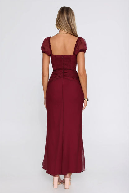 Elegant A-Line Square Neck Short Sleeve Ruched Burgundy Maxi Evening Dresses