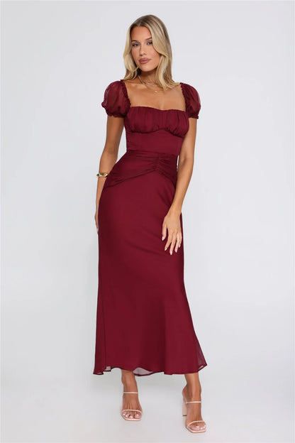 Elegant A-Line Square Neck Short Sleeve Ruched Burgundy Maxi Evening Dresses