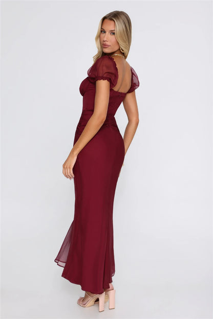 Elegant A-Line Square Neck Short Sleeve Ruched Burgundy Maxi Evening Dresses