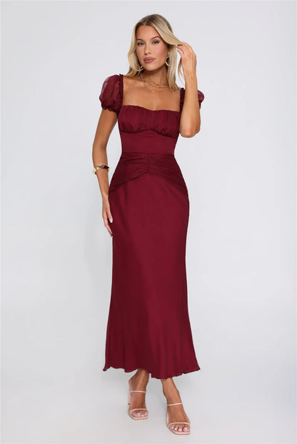 Elegant A-Line Square Neck Short Sleeve Ruched Burgundy Maxi Evening Dresses