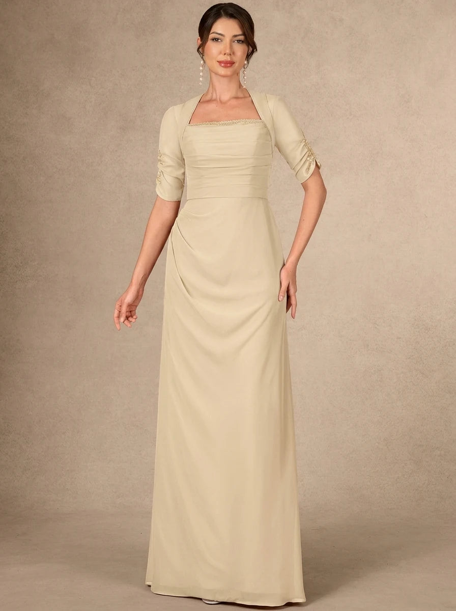 Elegant A-Line Square Neck Short Sleeve Ruched Champagne Floor-Length Mother of the Bride Gown