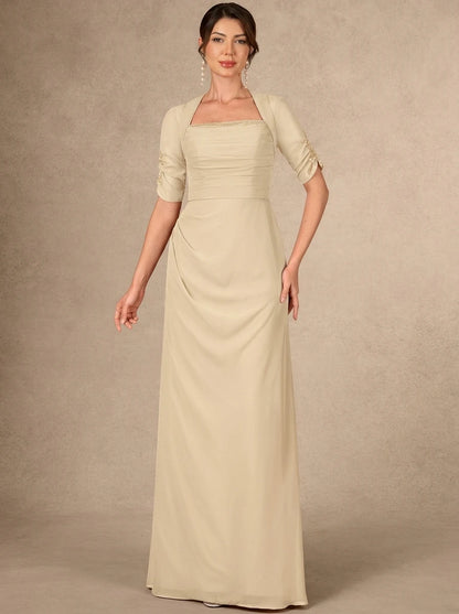 Elegant A-Line Square Neck Short Sleeve Ruched Champagne Floor-Length Mother of the Bride Gown
