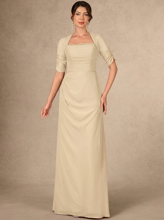 Elegant A-Line Square Neck Short Sleeve Ruched Champagne Floor-Length Mother of the Bride Gown