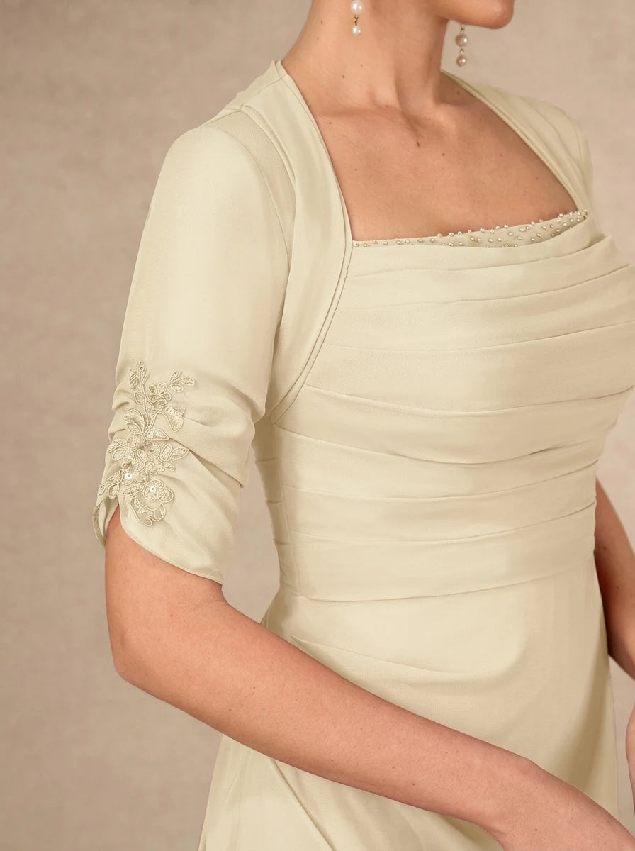 Elegant A-Line Square Neck Short Sleeve Ruched Champagne Floor-Length Mother of the Bride Gown