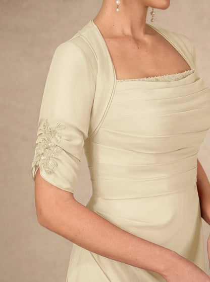 Elegant A-Line Square Neck Short Sleeve Ruched Champagne Floor-Length Mother of the Bride Gown