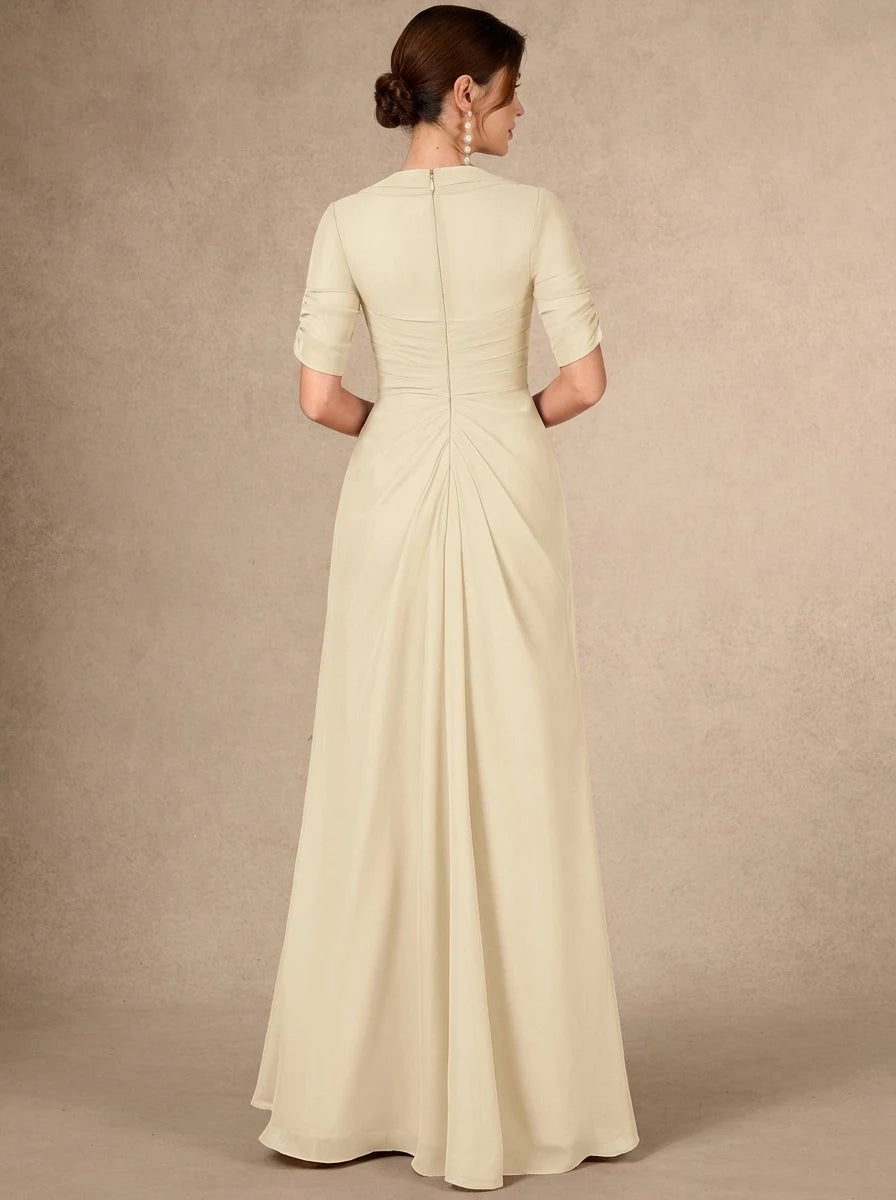 Elegant A-Line Square Neck Short Sleeve Ruched Champagne Floor-Length Mother of the Bride Gown