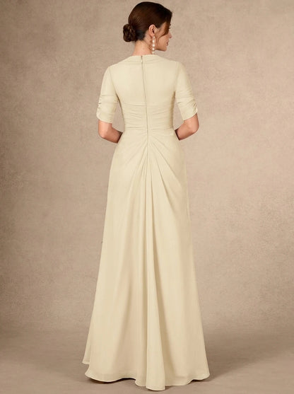 Elegant A-Line Square Neck Short Sleeve Ruched Champagne Floor-Length Mother of the Bride Gown