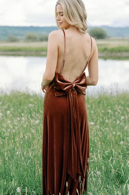 Elegant A-Line Square Neck Sleeveless Backless Bow Terracotta Floor Bridesmaid Gown