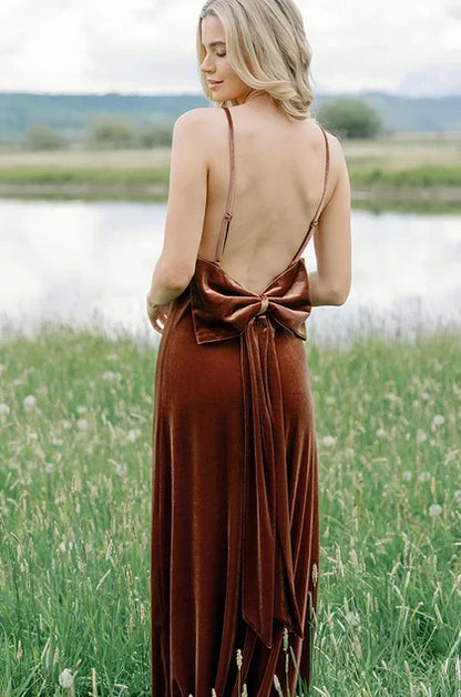 Elegant A-Line Square Neck Sleeveless Backless Bow Terracotta Floor Bridesmaid Gown