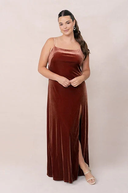 Elegant A-Line Square Neck Sleeveless Backless Bow Terracotta Floor Bridesmaid Gown