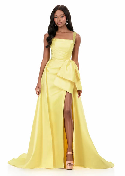 Elegant A-Line Square Neck Sleeveless Beaded Bow Lemon Yellow Floor-Length Evening Gown