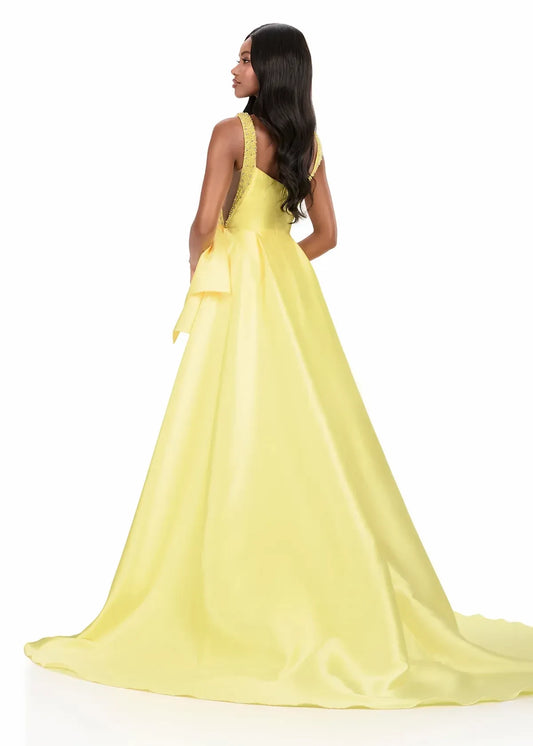 Elegant A-Line Square Neck Sleeveless Beaded Bow Lemon Yellow Floor-Length Evening Gown