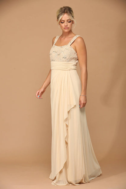 Elegant A-Line Square Neck Sleeveless Beaded Champagne Floor-Length Mother Of The Bride Gown