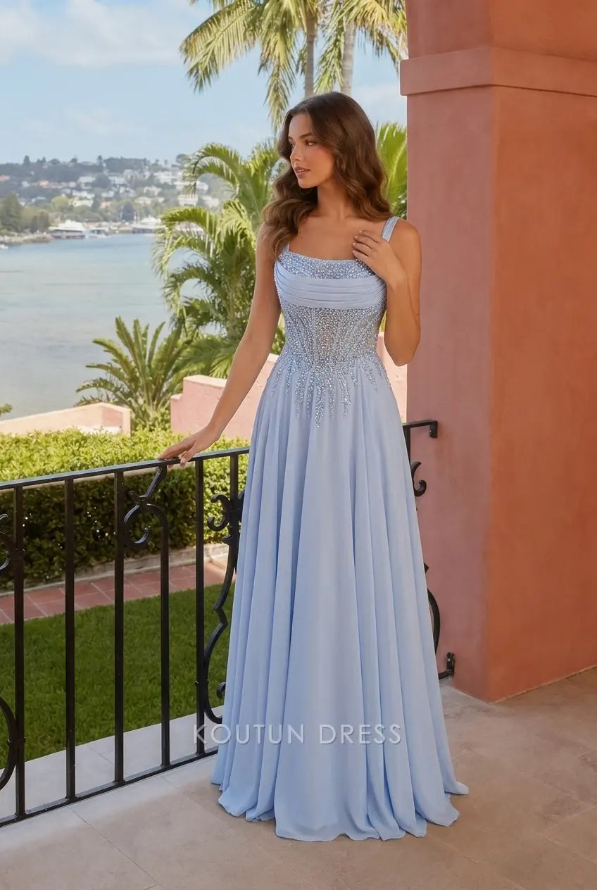 Elegant A-Line Square Neck Sleeveless Beaded Light Blue Long Prom Dress Women