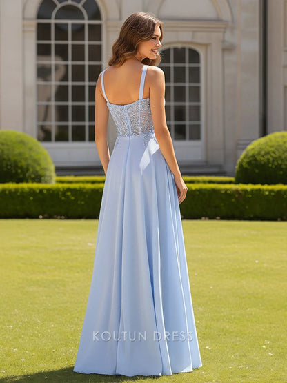 Elegant A-Line Square Neck Sleeveless Beaded Light Blue Long Prom Dress Women