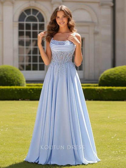 Elegant A-Line Square Neck Sleeveless Beaded Light Blue Long Prom Dress Women