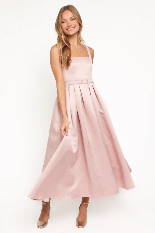 Elegant A-Line Square Neck Sleeveless Belted Flared Blush Pink Midi Prom Dress