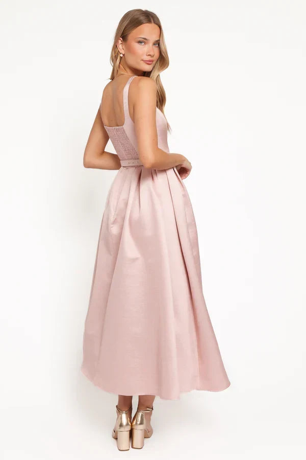 Elegant A-Line Square Neck Sleeveless Belted Flared Blush Pink Midi Prom Dress