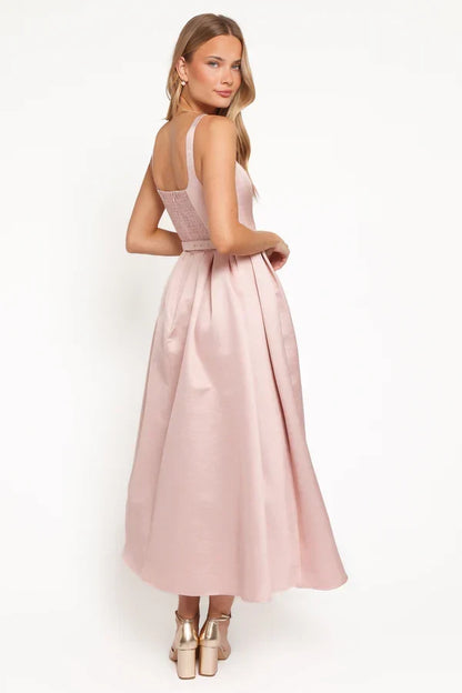 Elegant A-Line Square Neck Sleeveless Belted Flared Blush Pink Midi Prom Dress