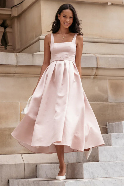 Elegant A-Line Square Neck Sleeveless Belted Flared Blush Pink Midi Prom Dress