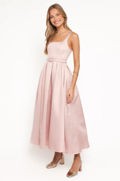 Elegant A-Line Square Neck Sleeveless Belted Flared Blush Pink Midi Prom Dress