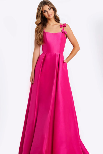 Elegant A-Line Square Neck Sleeveless Bow-Strap Hot Pink Floor-Length Evening Gown