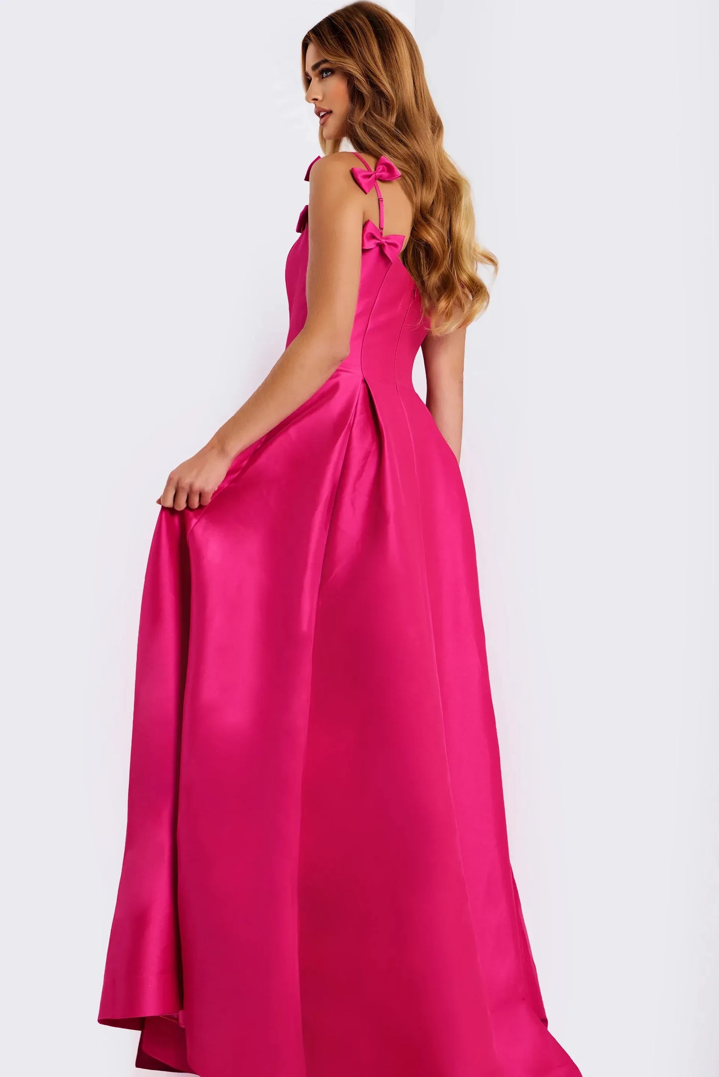 Elegant A-Line Square Neck Sleeveless Bow-Strap Hot Pink Floor-Length Evening Gown
