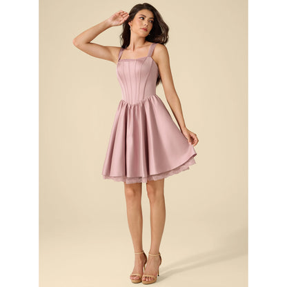 Elegant A-Line Square Neck Sleeveless Corset Dusty Pink Short Homecoming Dress
