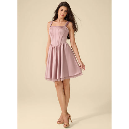 Elegant A-Line Square Neck Sleeveless Corset Dusty Pink Short Homecoming Dress
