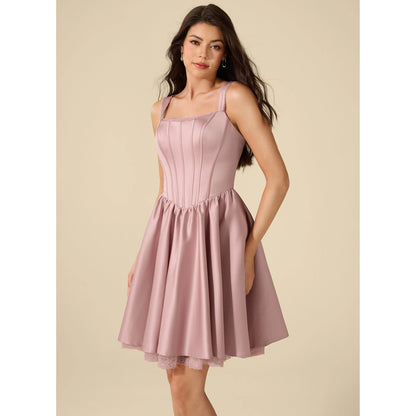 Elegant A-Line Square Neck Sleeveless Corset Dusty Pink Short Homecoming Dress