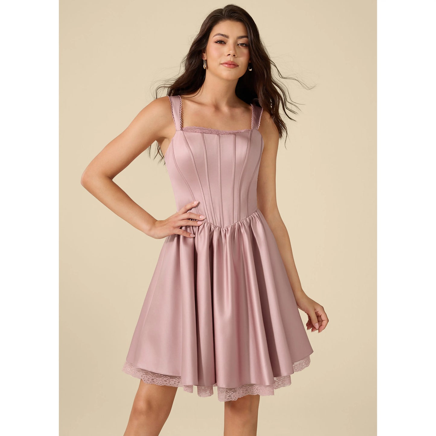 Elegant A-Line Square Neck Sleeveless Corset Dusty Pink Short Homecoming Dress