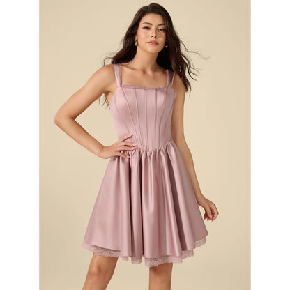 Elegant A-Line Square Neck Sleeveless Corset Dusty Pink Short Homecoming Dress