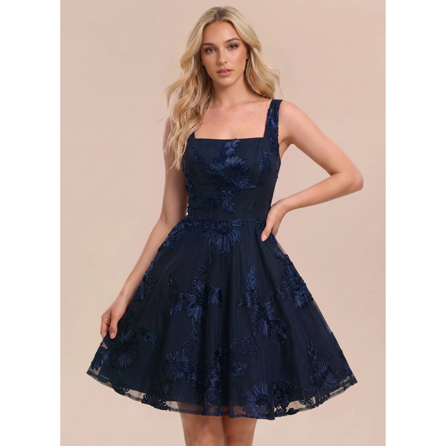 Elegant A-Line Square Neck Sleeveless Embroidered Chic Navy Short Homecoming Dress