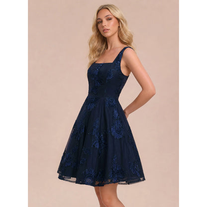 Elegant A-Line Square Neck Sleeveless Embroidered Chic Navy Short Homecoming Dress