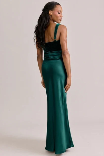 Elegant A-Line Square Neck Sleeveless Emerald Floor-Length Bridesmaid Gown