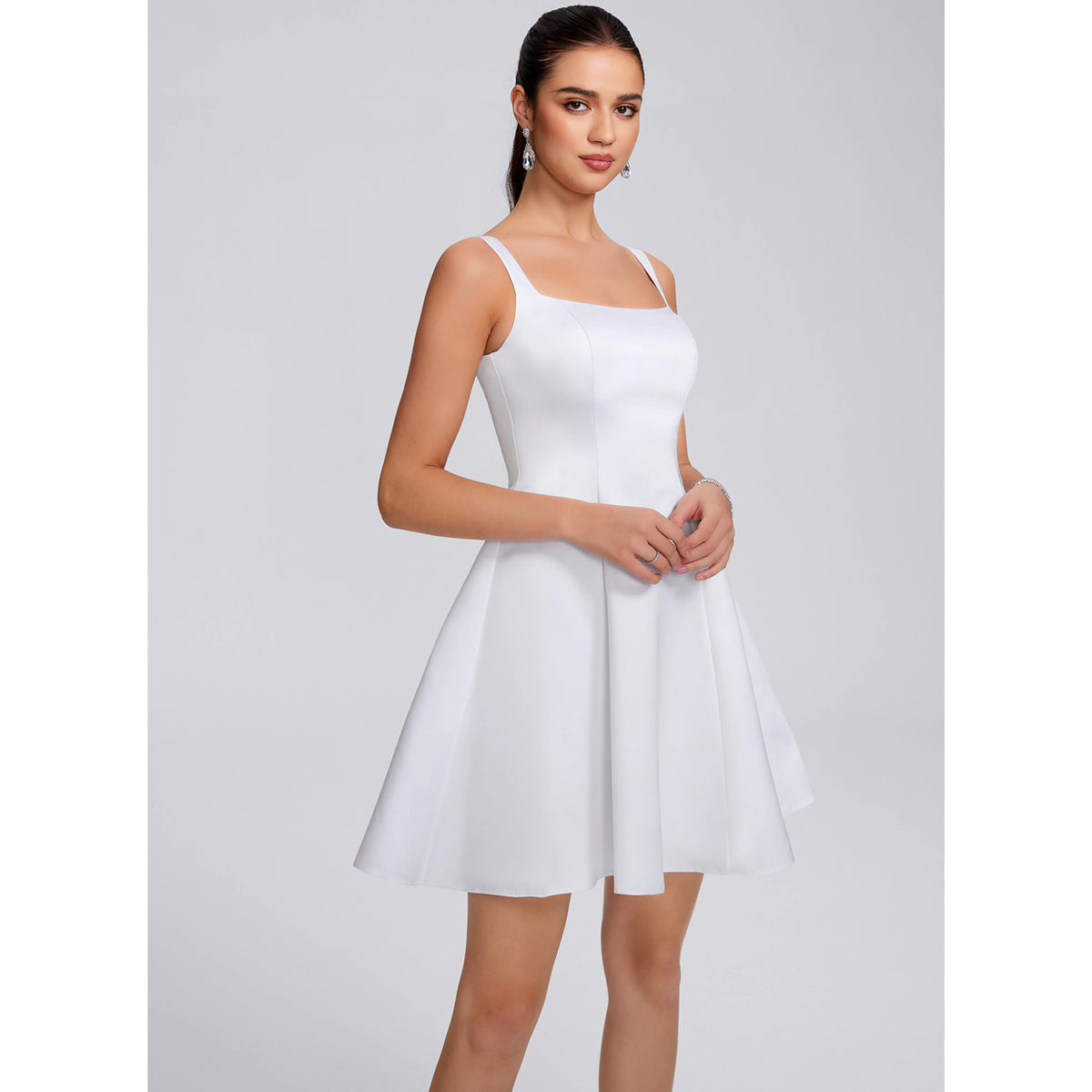 Elegant A-Line Square Neck Sleeveless Flared White Short Homecoming Dress