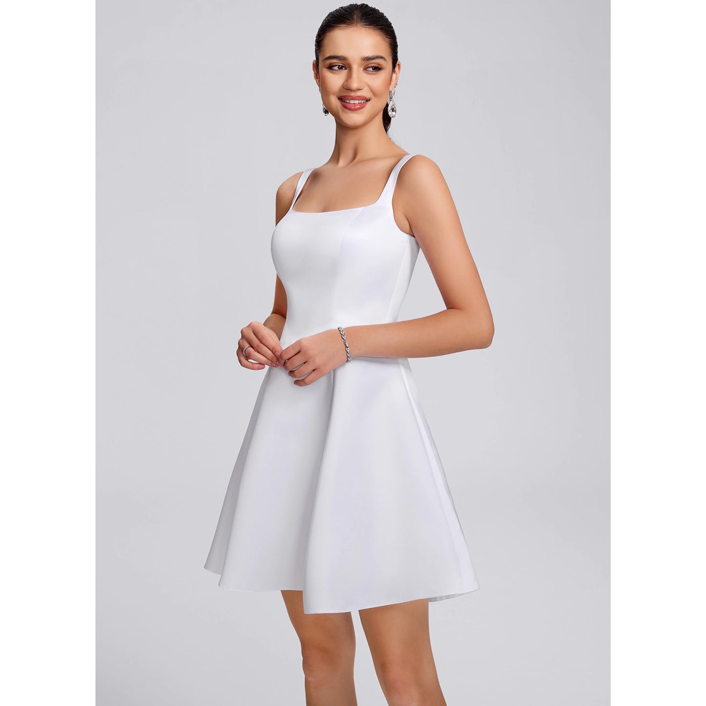 Elegant A-Line Square Neck Sleeveless Flared White Short Homecoming Dress