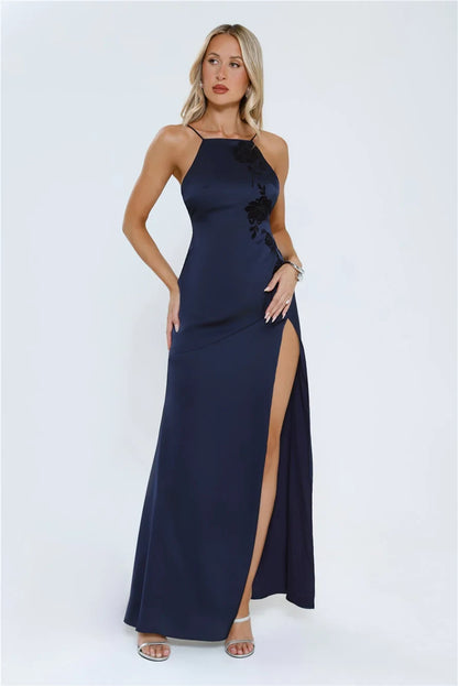 Elegant A-Line Square Neck Sleeveless Floral Applique Navy Blue Floor-Length Prom Dress for Women