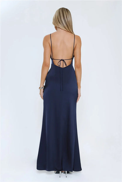 Elegant A-Line Square Neck Sleeveless Floral Applique Navy Blue Floor-Length Prom Dress for Women