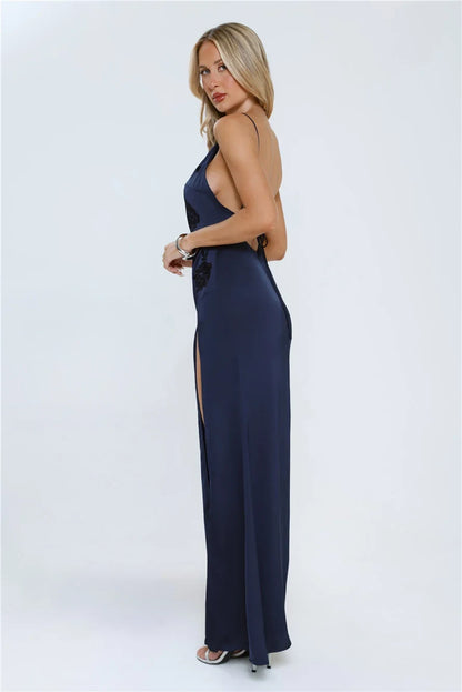 Elegant A-Line Square Neck Sleeveless Floral Applique Navy Blue Floor-Length Prom Dress for Women