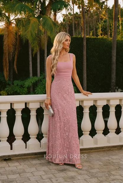 Elegant A-Line Square Neck Sleeveless Floral Lace Dusty Pink Floor-Length Prom Dress