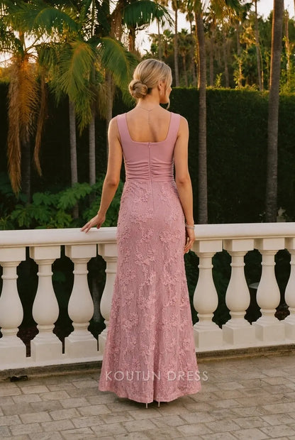 Elegant A-Line Square Neck Sleeveless Floral Lace Dusty Pink Floor-Length Prom Dress