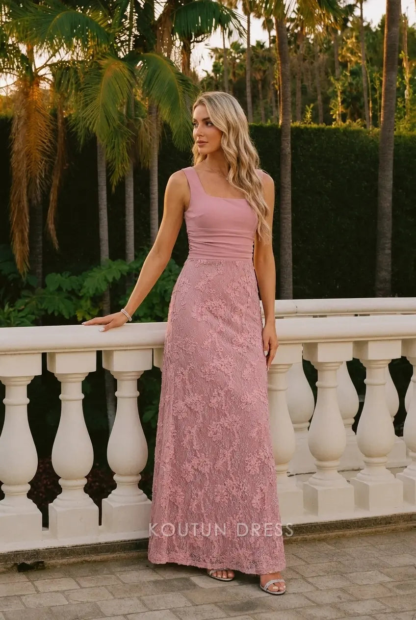 Elegant A-Line Square Neck Sleeveless Floral Lace Dusty Pink Floor-Length Prom Dress